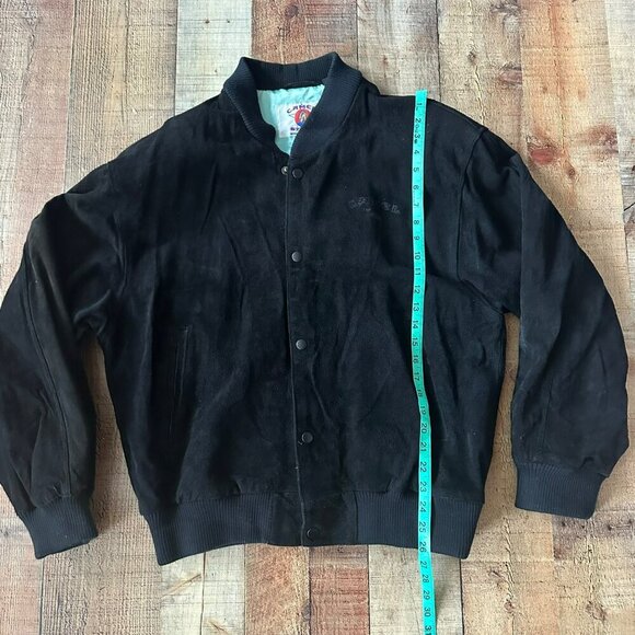 Vintage Camel Black Leather Suede Bomber Jacket With Ribbed Cuffs & Snap Buttons - Picture 3 of 12